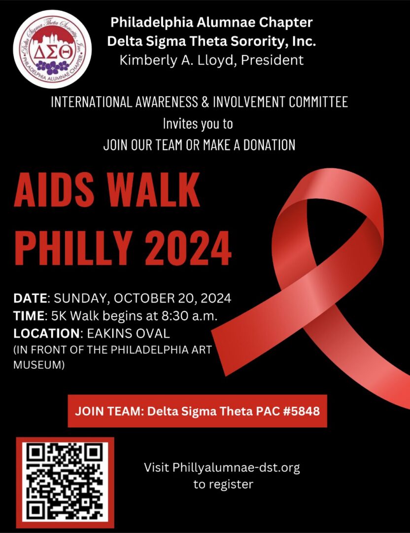AIDS Walk Philly 2024 event poster with red ribbon and details.